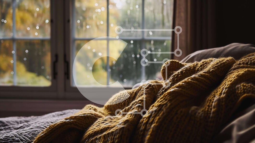 Intra Συλλεκτικό Ξύλινο Παζλ Plywood  4mm - Άνετο κρεβάτι σε μια βροχερή μέρα με κίτρινη πλεκτή κουβέρτα Σε Ξύλινο Κουτί - Διαστάσεις Puzzle: 10x10 cm – 25 κομμάτια