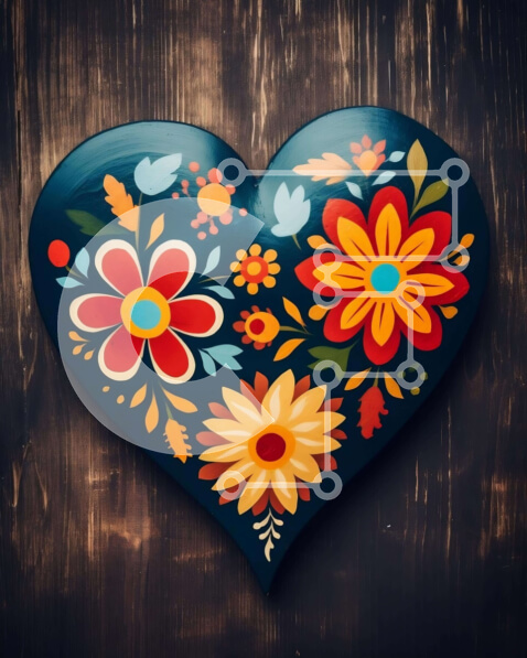 Intra Συλλεκτικό Ξύλινο Παζλ Plywood  4mm - Πολύχρωμο floral αντικείμενο σε σχήμα καρδιάς σε ξύλινο φόντο Σε Ξύλινο Κουτί - Διαστάσεις Puzzle: 10x10 cm – 25 κομμάτια