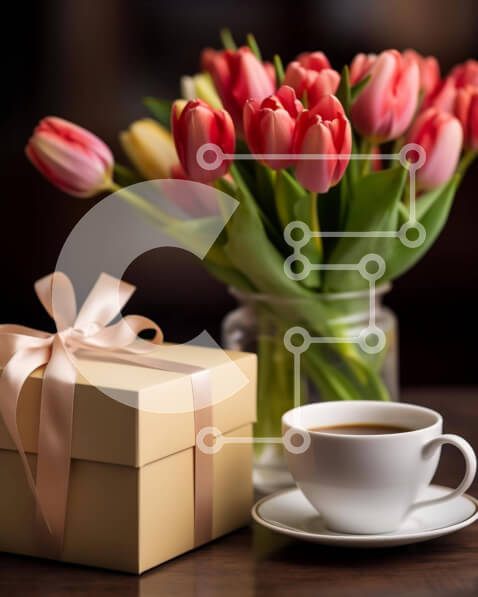 Σετ των 2 Intra Συλλεκτικό Ξύλινο Παζλ Plywood  4mm - Φλιτζάνι καφέ με τουλίπες και κουτί δώρου Σε Ξύλινο Κουτί - Διαστάσεις: 10x10 cm – 25 κομμάτια