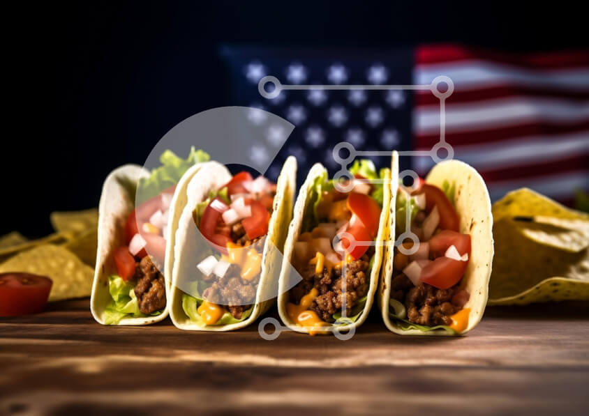 Σετ των 2 Intra Συλλεκτικό Ξύλινο Παζλ Plywood  4mm - Τέσσερα Tacos σε ξύλινο τραπέζι με αμερικανική σημαία στο φόντο Σε Ξύλινο Κουτί - Διαστάσεις: 10x10 cm – 25 κομμάτια