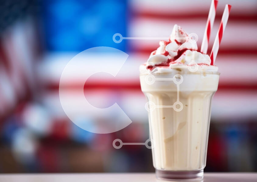 Σετ των 2 Intra Συλλεκτικό Ξύλινο Παζλ Plywood  4mm - Milkshake με σαντιγί και πατριωτικά καλαμάκια μπροστά από την αμερικανική σημαία Σε Ξύλινο Κουτί - Διαστάσεις: 10x10 cm – 25 κομμάτια