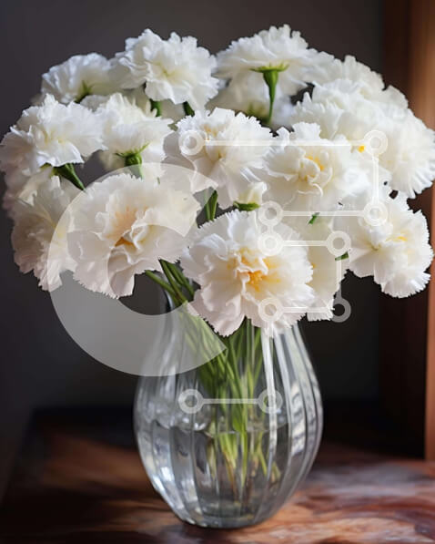 Intra Συλλεκτικό Ξύλινο Παζλ Plywood  4mm - Λευκά γαρίφαλα σε διαφανές γυάλινο βάζο στο τραπέζι Σε Ξύλινο Κουτί - Διαστάσεις Puzzle: 10x10 cm – 25 κομμάτια