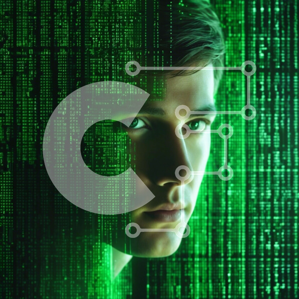 Intra Συλλεκτικό Ξύλινο Παζλ Plywood  4mm - Ανδρικό πρόσωπο μπροστά από κωδικοποιημένες γραμμές Matrix Σε Ξύλινο Κουτί - Διαστάσεις Puzzle: 10x10 cm – 25 κομμάτια