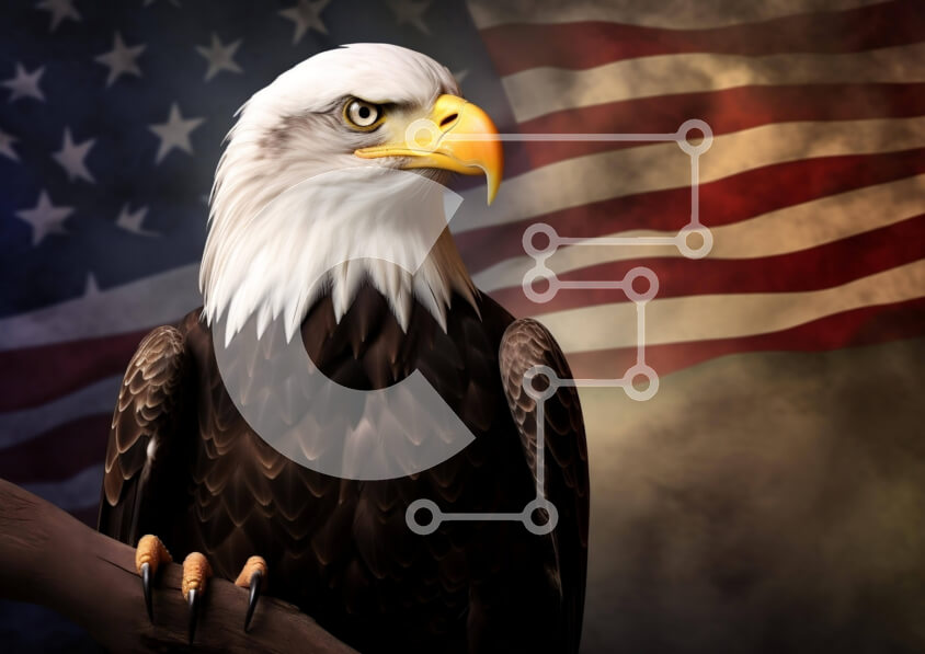 Intra Συλλεκτικό Ξύλινο Παζλ Plywood  4mm - Αετός σκαρφαλωμένος σε κλαδί με αμερικανική σημαία στο φόντο Σε Ξύλινο Κουτί - Διαστάσεις: 10x10 cm – 25 κομμάτια