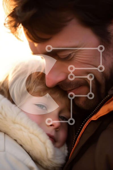 Intra Συλλεκτικό Ξύλινο Παζλ Plywood  4mm - Πατέρας που αγκαλιάζει τον γιο με πορτοκαλί σακάκι κατά τη χειμερινή περίοδο Σε Ξύλινο Κουτί - Διαστάσεις Puzzle: 10x10 cm – 25 κομμάτια