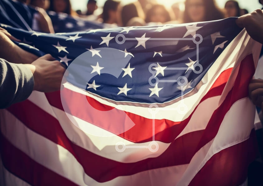 Intra Συλλεκτικό Ξύλινο Παζλ Plywood  4mm - Άνθρωποι που κρατούν μια αμερικανική σημαία με φόντο το φως του ήλιου Σε Ξύλινο Κουτί - Διαστάσεις: 10x10 cm – 25 κομμάτια