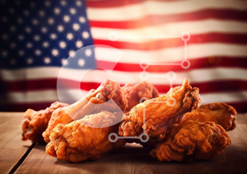 Σετ των 2 Intra Συλλεκτικό Ξύλινο Παζλ Plywood  4mm - Τηγανητά φτερά κοτόπουλου σε ξύλινο τραπέζι με φόντο αμερικανικής σημαίας Σε Ξύλινο Κουτί - Διαστάσεις: 10x10 cm – 25 κομμάτια