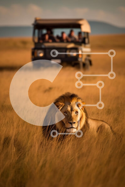 Σετ των 2 Intra Συλλεκτικό Ξύλινο Παζλ Plywood  4mm - Όμορφη εικόνα ενός λιονταριού στα λιβάδια με το όχημα σαφάρι στο φόντο Σε Ξύλινο Κουτί - Διαστάσεις: 10x10 cm – 25 κομμάτια