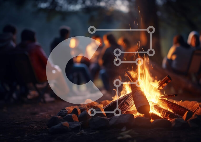 Intra Συλλεκτικό Ξύλινο Παζλ Plywood  4mm - Άνθρωποι γύρω από μια φωτιά στο δάσος τη νύχτα Σε Ξύλινο Κουτί - Διαστάσεις: 10x10 cm – 25 κομμάτια