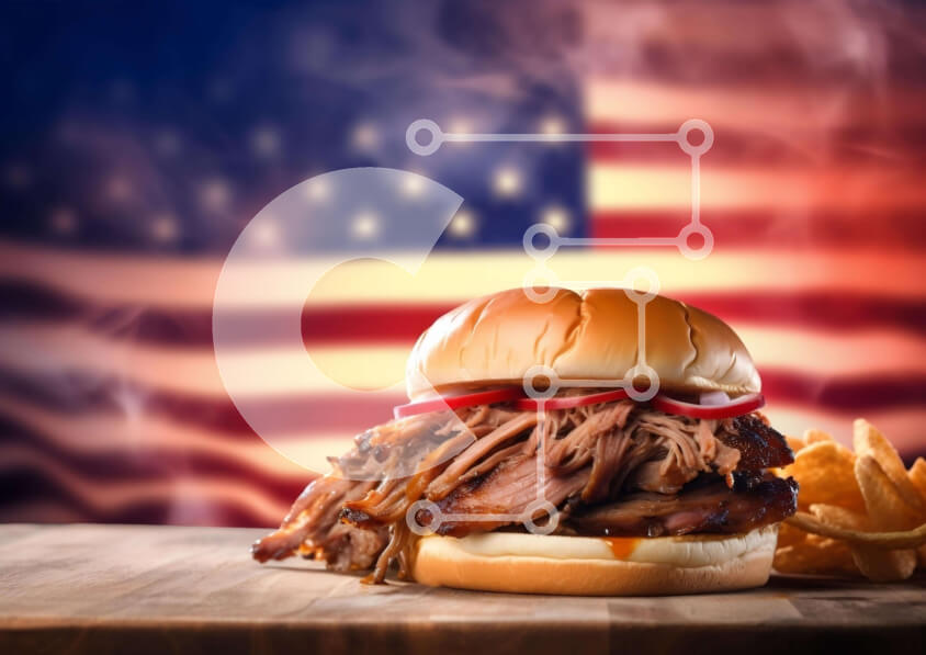 Σετ των 2 Intra Συλλεκτικό Ξύλινο Παζλ Plywood  4mm - Σάντουιτς τραβηγμένο χοιρινό με πατάτες και αμερικανική σημαία Σε Ξύλινο Κουτί - Διαστάσεις: 10x10 cm – 25 κομμάτια