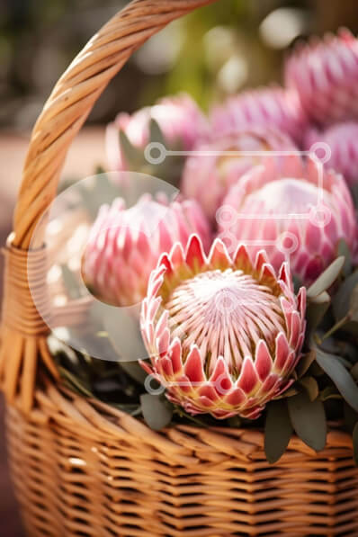 Σετ των 2 Intra Συλλεκτικό Ξύλινο Παζλ Plywood  4mm - Φρέσκα ροζ λουλούδια Πρωτέας σε ψάθινο καλάθι Σε Ξύλινο Κουτί - Διαστάσεις: 10x10 cm – 25 κομμάτια