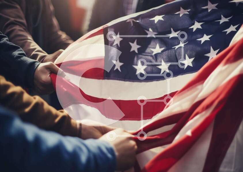 Intra Συλλεκτικό Ξύλινο Παζλ Plywood  4mm - Ομάδα ανθρώπων που κρατούν την αμερικανική σημαία σε αλληλεγγύη Σε Ξύλινο Κουτί - Διαστάσεις: 10x10 cm – 25 κομμάτια