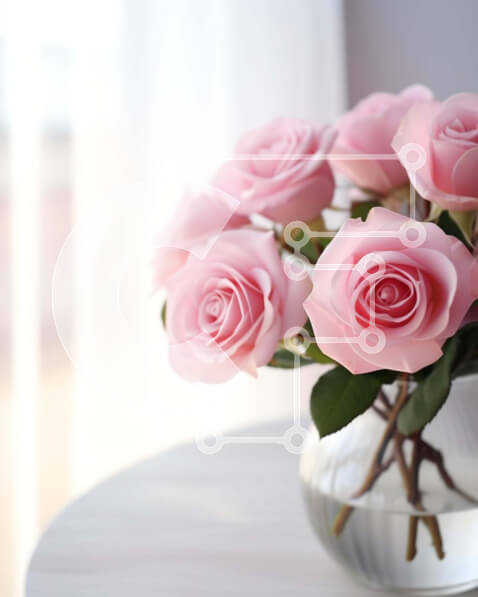 Intra Συλλεκτικό Ξύλινο Παζλ Plywood  4mm - Ροζ τριαντάφυλλα σε γυάλινο βάζο σε άδειο τραπέζι Σε Ξύλινο Κουτί - Διαστάσεις: 10x10 cm – 25 κομμάτια