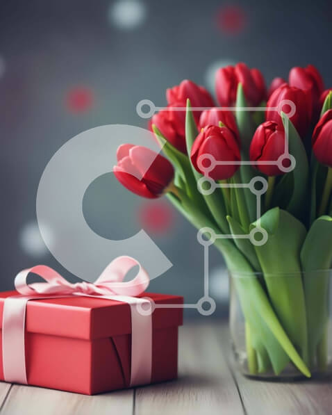 Intra Συλλεκτικό Ξύλινο Παζλ Plywood  4mm - Κόκκινες τουλίπες σε γυάλινο βάζο με ανοιχτό κουτί δώρου Σε Ξύλινο Κουτί - Διαστάσεις: 10x10 cm – 25 κομμάτια