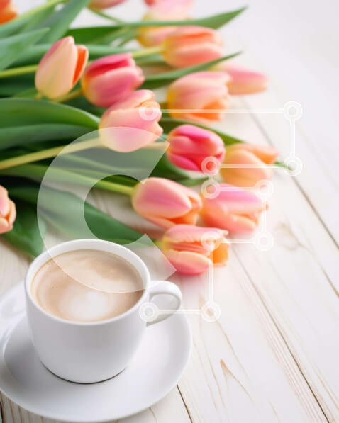 Σετ των 2 Intra Συλλεκτικό Ξύλινο Παζλ Plywood  4mm - Φλιτζάνι καφέ και τουλίπες σε ξύλινο τραπέζι Σε Ξύλινο Κουτί - Διαστάσεις: 10x10 cm – 25 κομμάτια