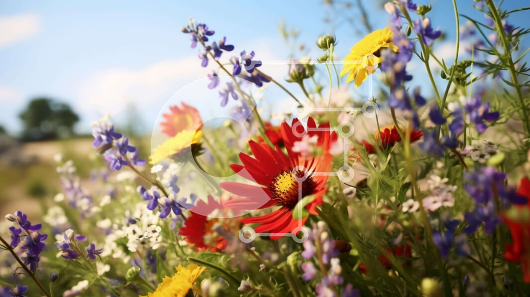 Intra Συλλεκτικό Ξύλινο Παζλ Plywood  4mm - Πεδίο αγριολούλουδων με κόκκινα, κίτρινα και μπλε λουλούδια Σε Ξύλινο Κουτί - Διαστάσεις: 10x10 cm – 25 κομμάτια