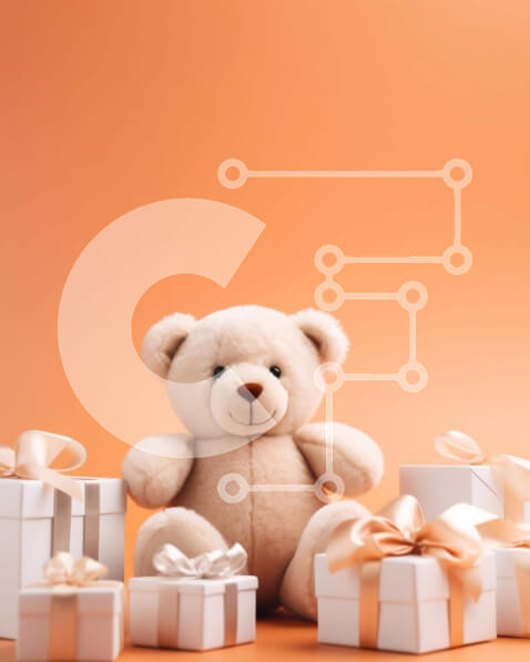 Intra Συλλεκτικό Ξύλινο Παζλ Plywood  4mm - Αρκουδάκι που περιβάλλεται από κουτιά δώρων σε ζωντανό πορτοκαλί φόντο Σε Ξύλινο Κουτί - Διαστάσεις: 10x10 cm – 25 κομμάτια