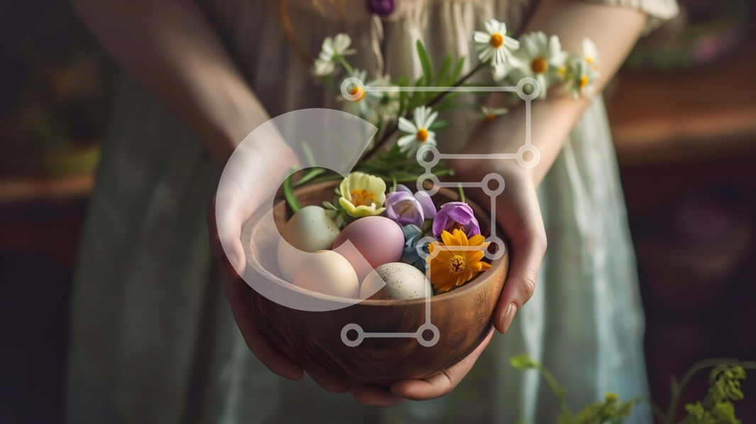 Intra Συλλεκτικό Ξύλινο Παζλ Plywood  4mm - Γυναίκα που κρατά ξύλινο μπολ με πολύχρωμα πασχαλινά αυγά και λουλούδια Σε Ξύλινο Κουτί - Διαστάσεις: 10x10 cm – 25 κομμάτια