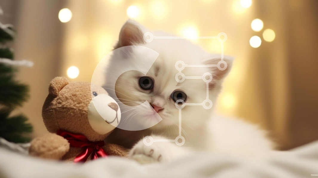 Intra Συλλεκτικό Ξύλινο Παζλ Plywood  4mm - Λευκό γατάκι με διακοσμημένο αρκουδάκι σε εορταστικό σκηνικό Σε Ξύλινο Κουτί - Διαστάσεις Puzzle: 10x10 cm – 25 κομμάτια