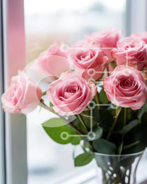 Intra Συλλεκτικό Ξύλινο Παζλ Plywood  4mm - Ροζ τριαντάφυλλα σε γυάλινο βάζο από ανοιχτό παράθυρο Σε Ξύλινο Κουτί - Διαστάσεις Puzzle: 10x10 cm – 25 κομμάτια