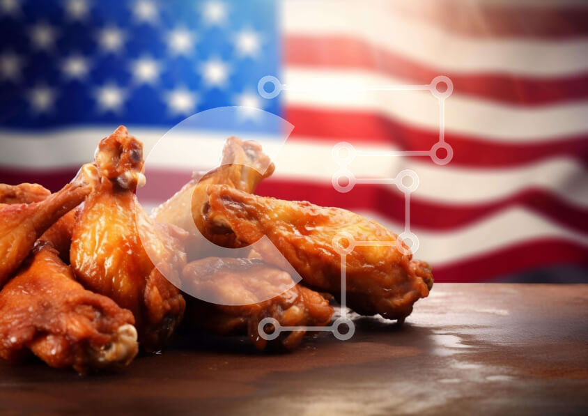 Σετ των 2 Intra Συλλεκτικό Ξύλινο Παζλ Plywood  4mm - Νόστιμα φτερά κοτόπουλου με καρύκευμα μπροστά από την αμερικανική σημαία Σε Ξύλινο Κουτί - Διαστάσεις: 10x10 cm – 25 κομμάτια