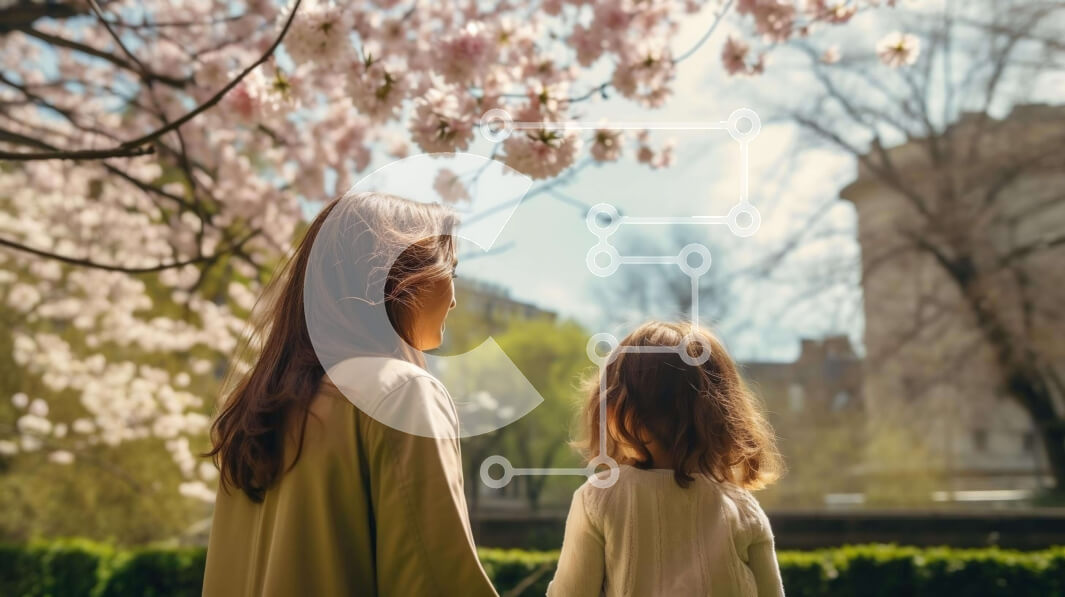 Intra Συλλεκτικό Ξύλινο Παζλ Plywood  4mm - Μητέρα και κόρη που περπατούν κάτω από τα ανθισμένα δέντρα κερασιών στο πάρκο Σε Ξύλινο Κουτί - Διαστάσεις: 10x10 cm – 25 κομμάτια