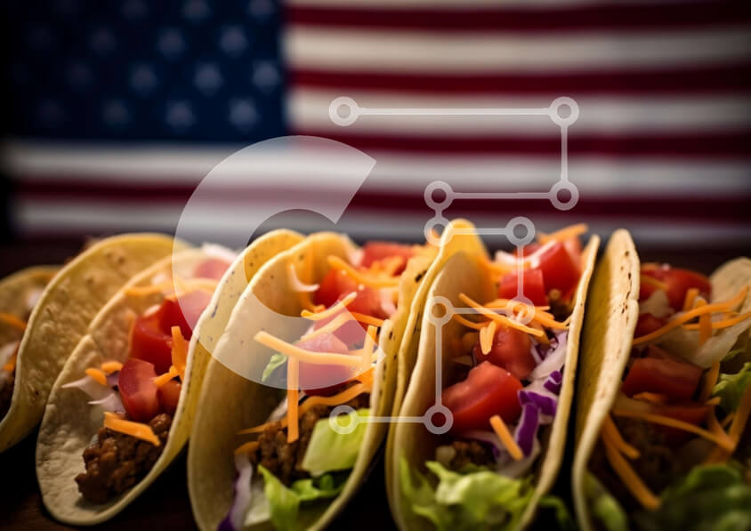 Σετ των 2 Intra Συλλεκτικό Ξύλινο Παζλ Plywood  4mm - Tacos μπροστά από την αμερικανική σημαία με το μαρούλι και τις ντομάτες Σε Ξύλινο Κουτί - Διαστάσεις: 10x10 cm – 25 κομμάτια