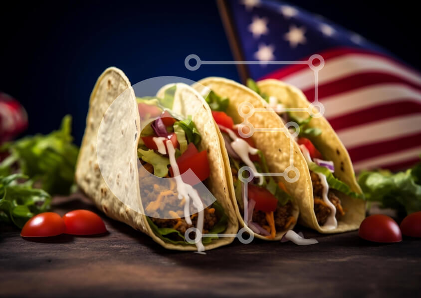 Σετ των 2 Intra Συλλεκτικό Ξύλινο Παζλ Plywood  4mm - Αμερικανικά Tacos με φόντο αμερικανικής σημαίας Σε Ξύλινο Κουτί - Διαστάσεις: 10x10 cm – 25 κομμάτια