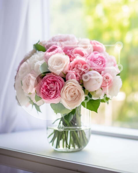 Intra Συλλεκτικό Ξύλινο Παζλ Plywood  4mm - Γυάλινο βάζο με ροζ και λευκά τριαντάφυλλα στο περβάζι Σε Ξύλινο Κουτί - Διαστάσεις Puzzle: 10x10 cm – 25 κομμάτια