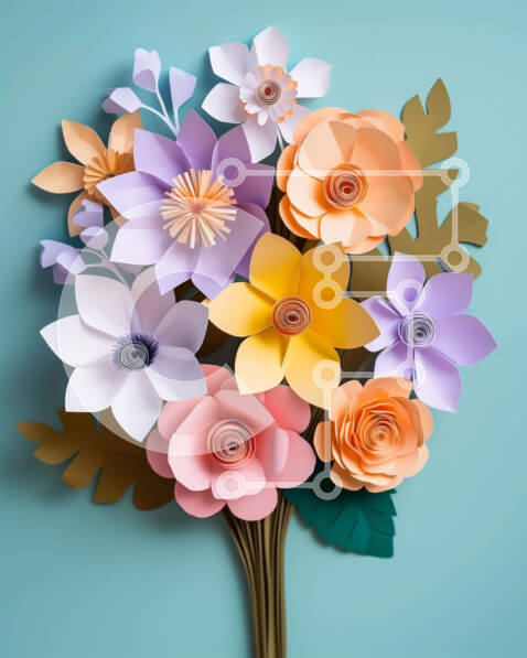 Intra Συλλεκτικό Ξύλινο Παζλ Plywood  4mm - Πολύχρωμο χάρτινο μπουκέτο λουλουδιών σε μπλε φόντο Σε Ξύλινο Κουτί - Διαστάσεις Puzzle: 10x10 cm – 25 κομμάτια