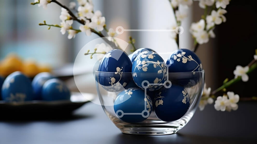 Intra Συλλεκτικό Ξύλινο Παζλ Plywood  4mm - Μπλε Πασχαλινά αυγά και λευκά λουλούδια σε γυάλινο μπολ Σε Ξύλινο Κουτί - Διαστάσεις: 10x10 cm – 25 κομμάτια