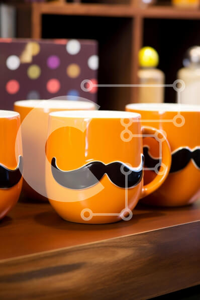 Intra Συλλεκτικό Ξύλινο Παζλ Plywood  4mm - Τέσσερις πορτοκαλί κούπες καφέ με μουστάκι σε ξύλινο ράφι Σε Ξύλινο Κουτί - Διαστάσεις: 10x10 cm – 25 κομμάτια