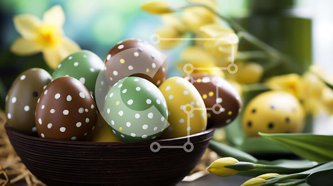 Intra Συλλεκτικό Ξύλινο Παζλ Plywood  4mm - Πολύχρωμα Πασχαλινά αυγά σε ένα μπολ με κίτρινα λουλούδια Σε Ξύλινο Κουτί - Διαστάσεις: 10x10 cm – 25 κομμάτια