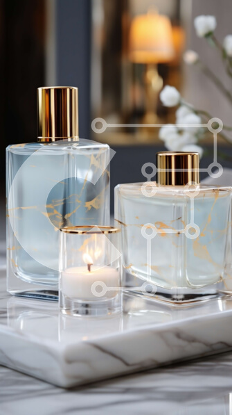 Intra Συλλεκτικό Ξύλινο Παζλ Plywood  4mm - Κομψά μπουκάλια αρωμάτων και κερί σε μαρμάρινο δίσκο Σε Ξύλινο Κουτί - Διαστάσεις Puzzle: 10x10 cm – 25 κομμάτια