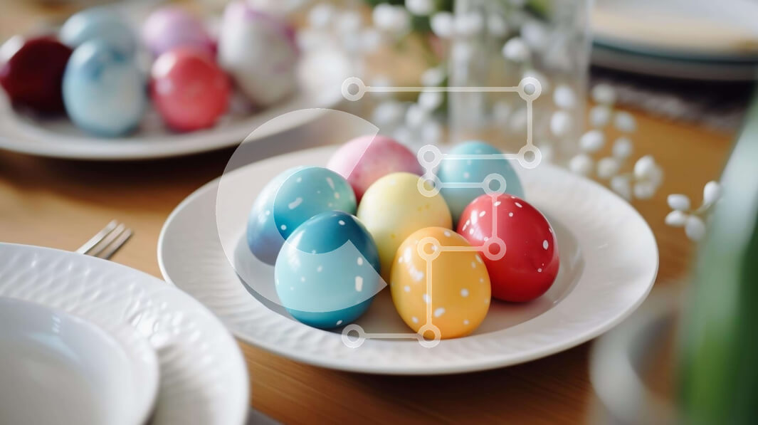 Intra Συλλεκτικό Ξύλινο Παζλ Plywood  4mm - Πολύχρωμα Πασχαλινά αυγά και λευκά πιάτα σε ένα τραπέζι Σε Ξύλινο Κουτί - Διαστάσεις: 10x10 cm – 25 κομμάτια