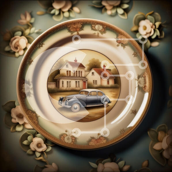 Intra Συλλεκτικό Ξύλινο Παζλ Plywood  4mm - Γοητευτικό Vintage αυτοκίνητο μπροστά από ένα όμορφο σπίτι με φράχτη και λουλούδια Σε Ξύλινο Κουτί - Διαστάσεις Puzzle: 10x10 cm – 25 κομμάτια