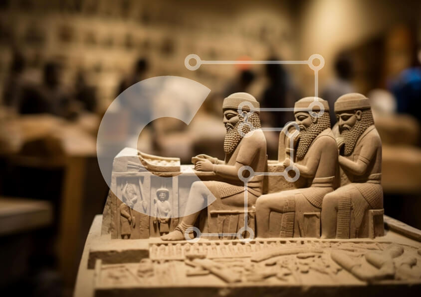 Intra Συλλεκτικό Ξύλινο Παζλ Plywood  4mm - Αρχαίο άγαλμα από ψαμμίτη τριών ανδρών μπροστά από τη βιβλιοθήκη ή το μουσείο Σε Ξύλινο Κουτί - Διαστάσεις Puzzle: 10x10 cm – 25 κομμάτια