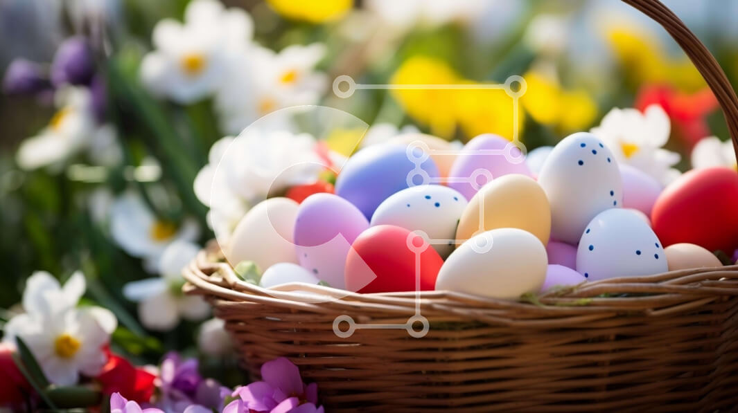 Intra Συλλεκτικό Ξύλινο Παζλ Plywood  4mm - Πολύχρωμα Πασχαλινά αυγά σε ένα καλάθι που περιβάλλεται από λουλούδια και νάρκισσους Σε Ξύλινο Κουτί - Διαστάσεις: 10x10 cm – 25 κομμάτια