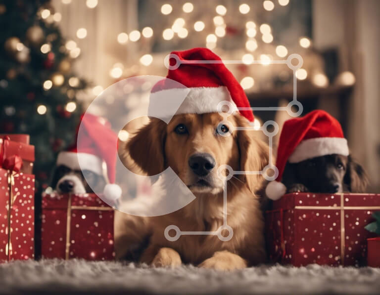 Σετ των 2 Intra Συλλεκτικό Ξύλινο Παζλ Plywood  4mm - Αξιολάτρευτα χρυσά σκυλιά με καπέλα Άγιου Βασίλη με χριστουγεννιάτικο δέντρο Σε Ξύλινο Κουτί - Διαστάσεις: 10x10 cm – 25 κομμάτια