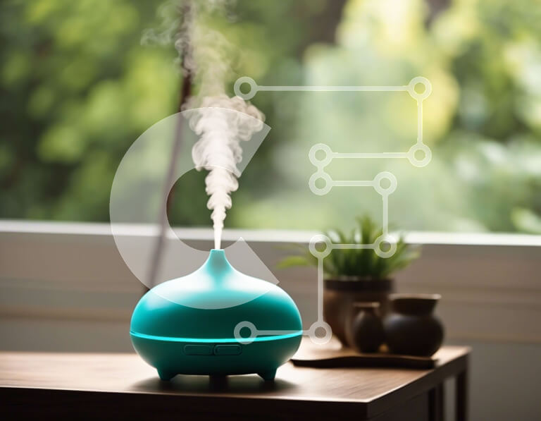 Intra Συλλεκτικό Ξύλινο Παζλ Plywood  4mm - Υγραντήρας σε γαλαζοπράσινο χρώμα που εκπέμπει ατμό σε ξύλινο τραπέζι Σε Ξύλινο Κουτί - Διαστάσεις Puzzle: 10x10 cm – 25 κομμάτια