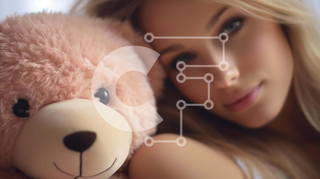 Intra Συλλεκτικό Ξύλινο Παζλ Plywood  4mm - Ξανθιά γυναίκα που ποζάρει με το αρκουδάκι Σε Ξύλινο Κουτί - Διαστάσεις Puzzle: 10x10 cm – 25 κομμάτια