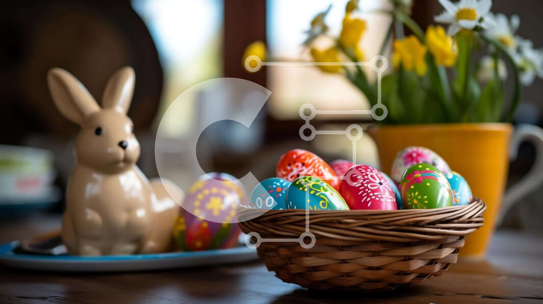 Intra Συλλεκτικό Ξύλινο Παζλ Plywood  4mm - Πασχαλινό λαγουδάκι και πολύχρωμα αυγά σε ξύλινο τραπέζι Σε Ξύλινο Κουτί - Διαστάσεις: 10x10 cm – 25 κομμάτια