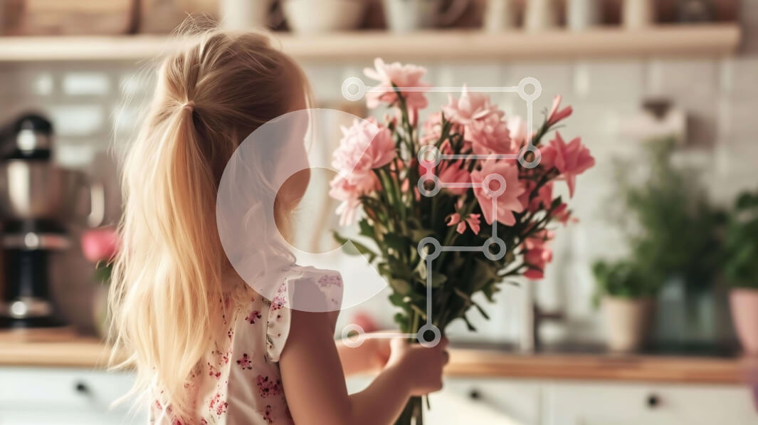 Intra Συλλεκτικό Ξύλινο Παζλ Plywood  4mm - Νεαρό κορίτσι με ροζ λουλούδια στην κουζίνα Σε Ξύλινο Κουτί - Διαστάσεις Puzzle: 10x10 cm – 25 κομμάτια