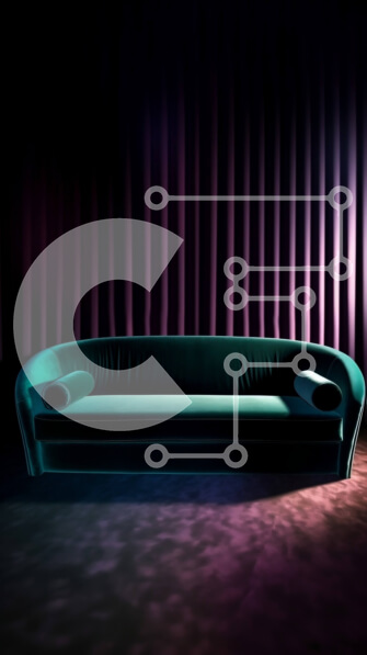 Intra Συλλεκτικό Ξύλινο Παζλ Plywood  4mm - Κομψή εσωτερική εικόνα ενός σκοτεινού δωματίου με πράσινο καναπέ και μωβ κουρτίνα Σε Ξύλινο Κουτί - Διαστάσεις Puzzle: 10x10 cm – 25 κομμάτια