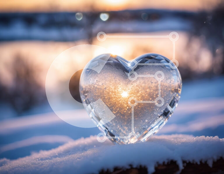 Intra Συλλεκτικό Ξύλινο Παζλ Plywood  4mm - Γλυπτό πάγου σε σχήμα καρδιάς στο χιόνι με το ηλιοβασίλεμα Σε Ξύλινο Κουτί - Διαστάσεις Puzzle: 10x10 cm – 25 κομμάτια