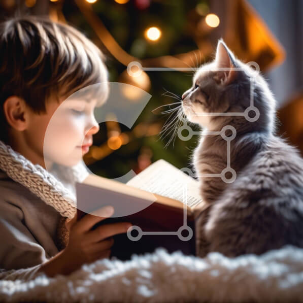Intra Συλλεκτικό Ξύλινο Παζλ Plywood  4mm - Young Boy Reading Book with Friendly Cat by Christmas Lights Σε Ξύλινο Κουτί - Διαστάσεις Puzzle: 10x10 cm – 25 κομμάτια