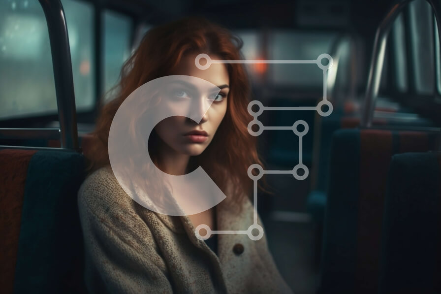 Intra Συλλεκτικό Ξύλινο Παζλ Plywood  4mm - Σοβαρή κοκκινομάλλα σε λεωφορείο με μπεζ παλτό και καφέ τσαντάκι Σε Ξύλινο Κουτί - Διαστάσεις Puzzle: 10x10 cm – 25 κομμάτια