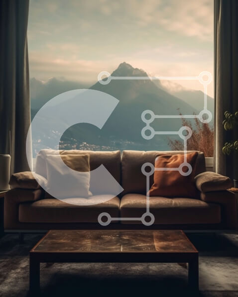 Intra Συλλεκτικό Ξύλινο Παζλ Plywood  4mm - Άνετο σαλόνι με θέα σε μια όμορφη οροσειρά Σε Ξύλινο Κουτί - Διαστάσεις Puzzle: 10x10 cm – 25 κομμάτια