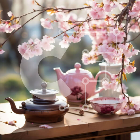 Intra Συλλεκτικό Ξύλινο Παζλ Plywood  4mm - Ροζ τσαγιέρα και φλιτζάνια σε ξύλινο τραπέζι με ανθισμένες κερασιές Σε Ξύλινο Κουτί - Διαστάσεις Puzzle: 10x10 cm – 25 κομμάτια