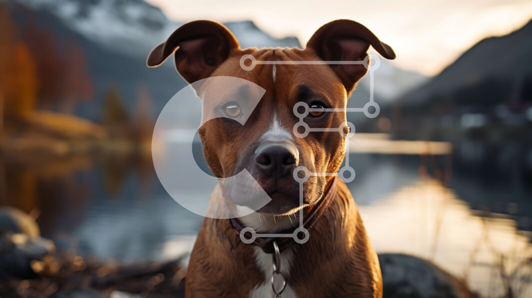 Intra Συλλεκτικό Ξύλινο Παζλ Plywood  4mm - Καφέ και λευκό σκυλί δίπλα στη λίμνη με τα βουνά Σε Ξύλινο Κουτί - Διαστάσεις: 10x10 cm – 25 κομμάτια